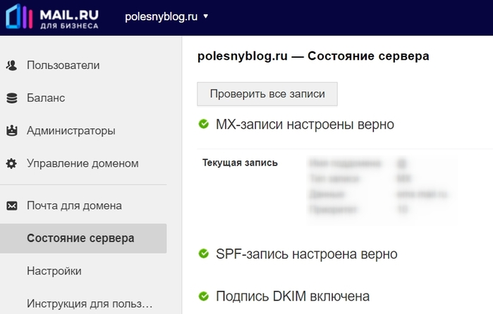 DKIM SPF настройка на bizmail.ru